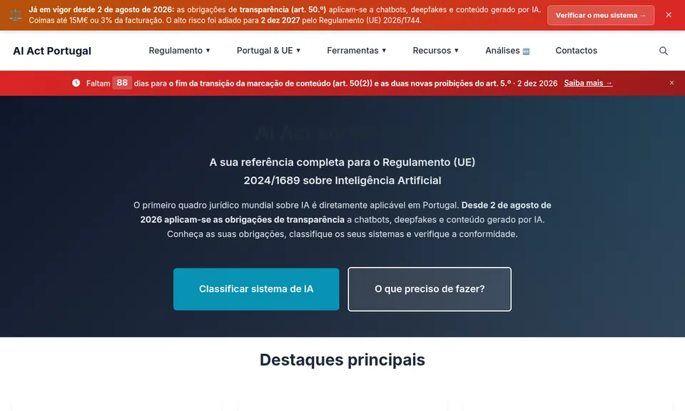 Captura de ecrã de AI Act Portugal