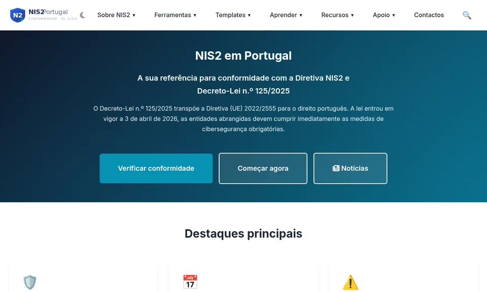 Captura de ecrã de NIS2 Portugal